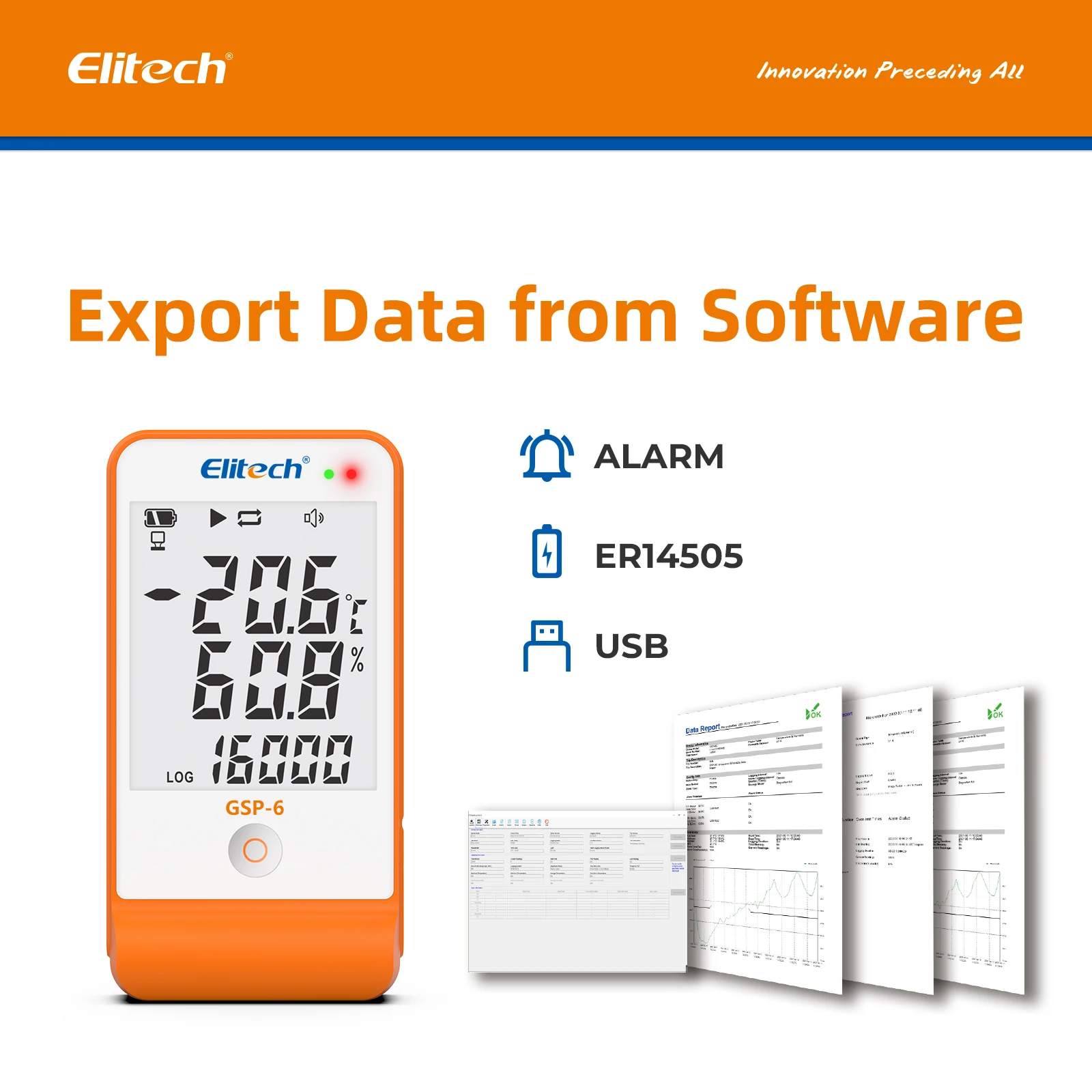 Elitech-registrador de datos de temperatura y humedad de GSP-6, Monitor de temperatura de vacuna, cadena de frío de refrigeración de 16000 puntos