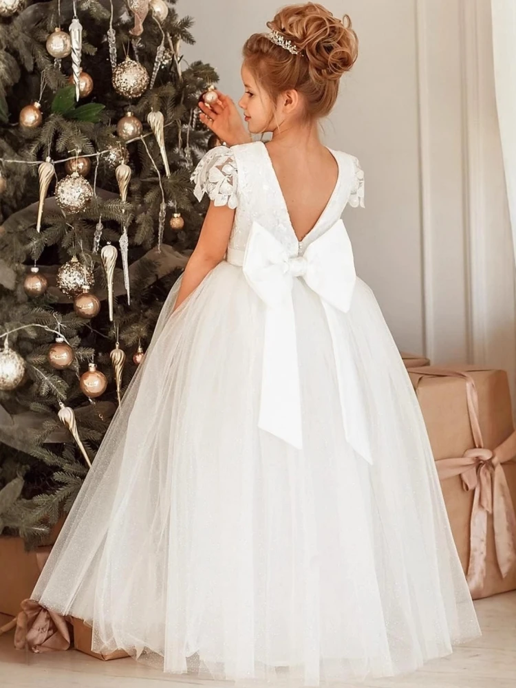 Customized Flower Girl Dress Ivory Tulle Floral Appliques With Bow For Wedding Birthday Party Prom Evening Holy Communion Gown