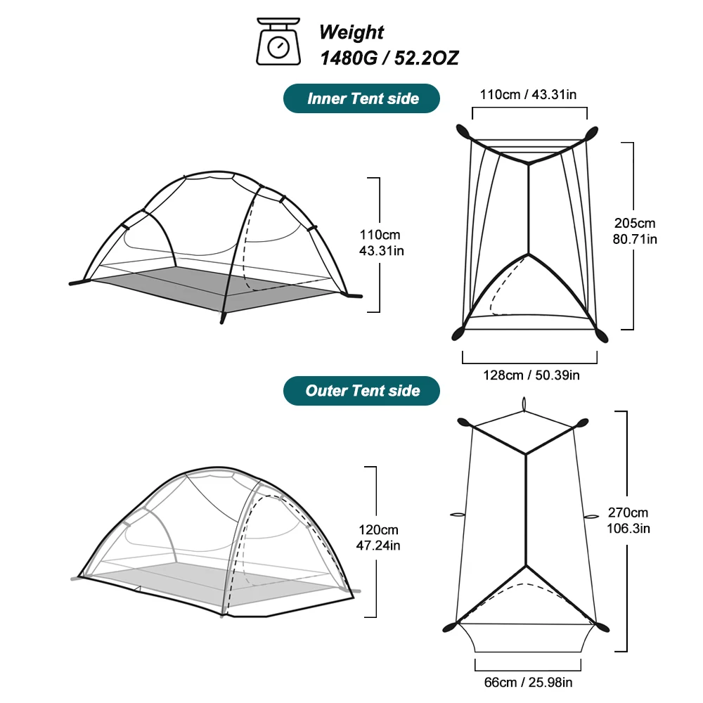 WIDESEA Outdoor Camping 1.5 Person Double-Layer Fish Spine Tent 15D Nylon Silicone-Coated Lightweight for Hiking & Camping