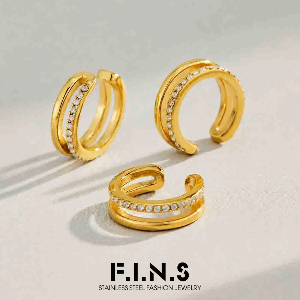 F.I.N.S Gold Plated Stainless Steel Double-Layered Clip Earrings Zirconia Stackable Hypoallergenic Waterproof Fashion Jewelry