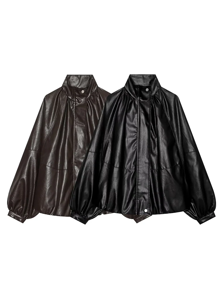 HH Vintage Women Faux Leather Bomber Jacket 2026 Autumn Oversized Batwing Sleeve Zip-Up Coat Female Loose  Parka Streetwear