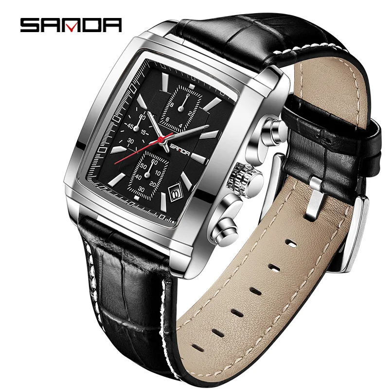 Sanda 5303 Rectangle Dial New Design Soft Leather Strap Water Resistant Quartz Movement Business Men Wrist Stop Hand Watch