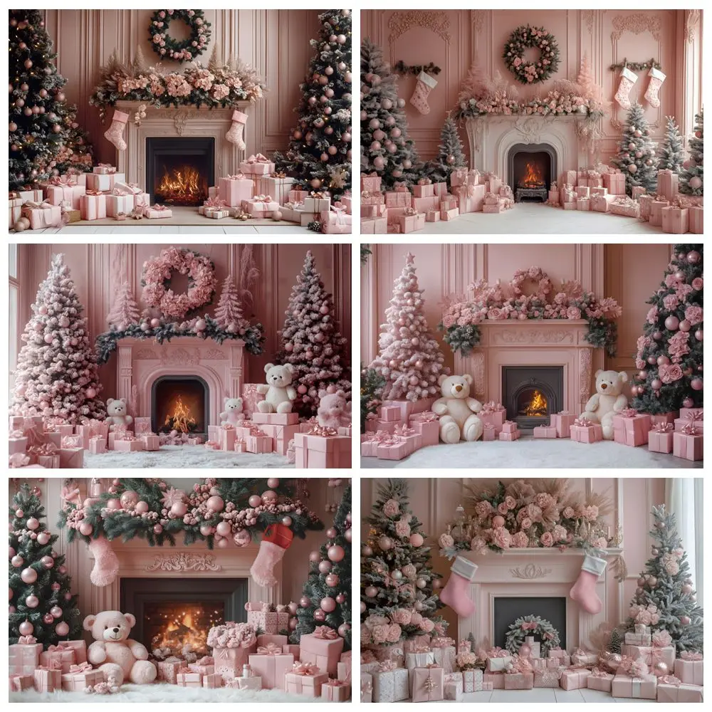 

Pink Christmas Backdrop for Photography Fireplace Xmas Tree Gifts Wreath Baby Kids Portrait Family Photocall Background Decor