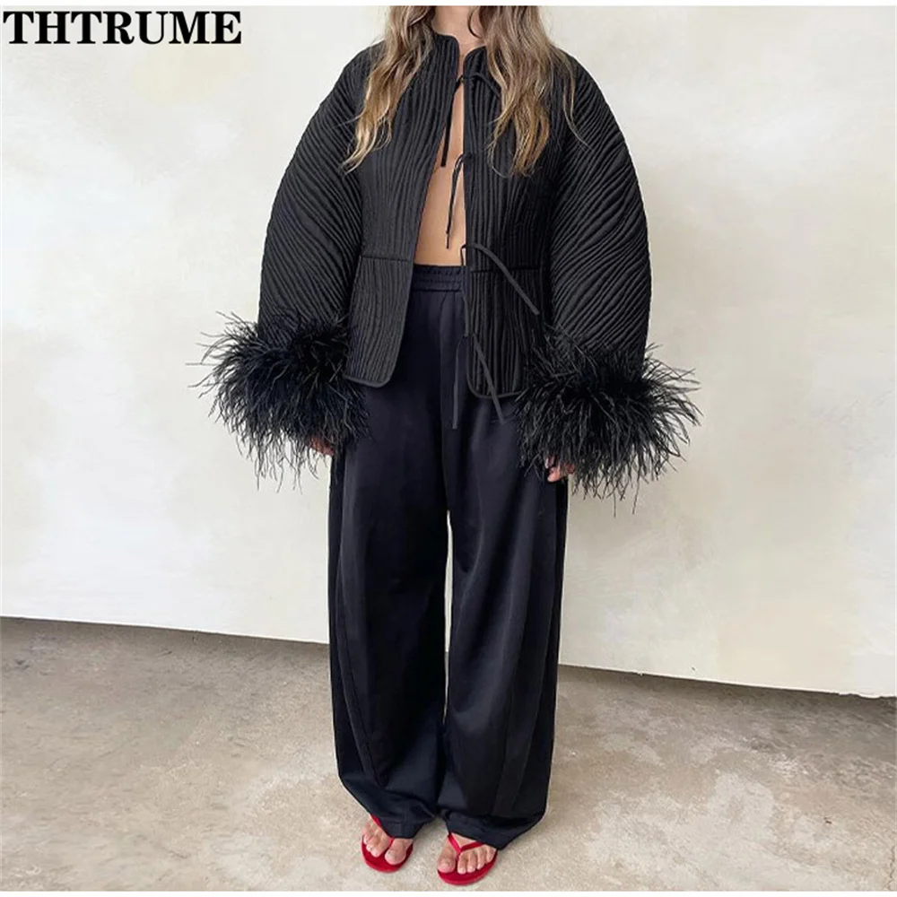 2024 New Autumn Jackets Fashion Women Solid Spliced Feather Cuffs Lace Up O-Neck Coats Casual Long Sleeve Elegant Chic Coat