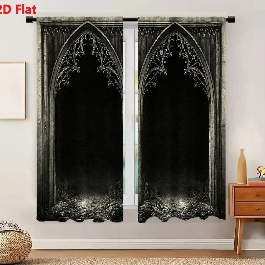 2Pcs Curtains 2D Flat Dark Gothic Architectural Scene With Tall Pointed-Arched Windows And Intricate Tracery Window Drapes for B