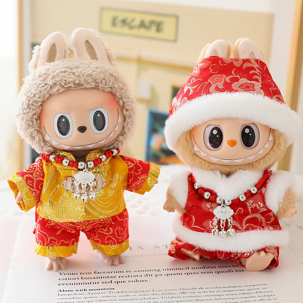 Mini ropa de muñeca de peluche de 17cm, accesorios de atuendo para Corea Kpop Exo Labubu Idol V1 V2, traje Tang de Año Nuevo, ropa con capa roja