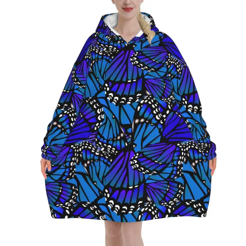 Butterfly Wings Blue Blanket Hoodie Women Wearable Oversized Pullover Sweatshirt Warm Fleece Sherpa Hooded Blanket with Pockets