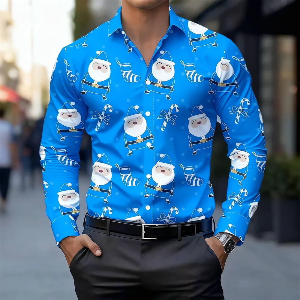 13-color men's Christmas print shirt with Santa Claus and candy cane design, breathable and casual long-sleeved lapel shirt