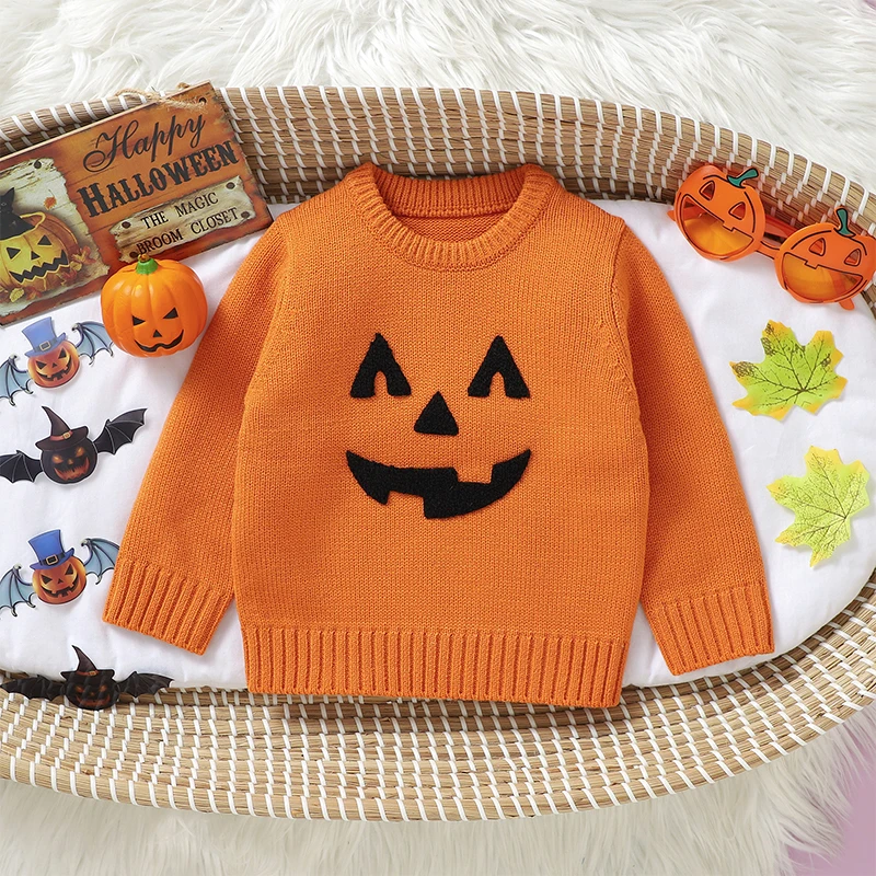 VISgogo Toddler Boys Girls Halloween Sweaters Witch Pumpkin Long Sleeve Round Neck Ribbed Knitted Pullover Fall Winter Clothes