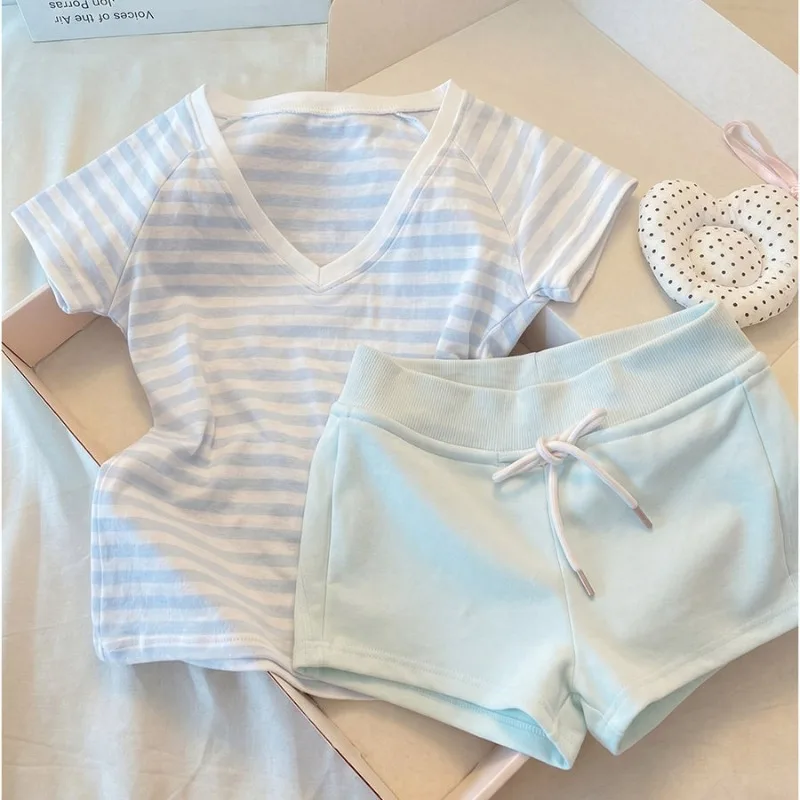 New Spring and Summer Blue Striped Women's Pajama Set, Short Sleeve and Shorts, Two-Piece Women's Homewear, Summer Edition