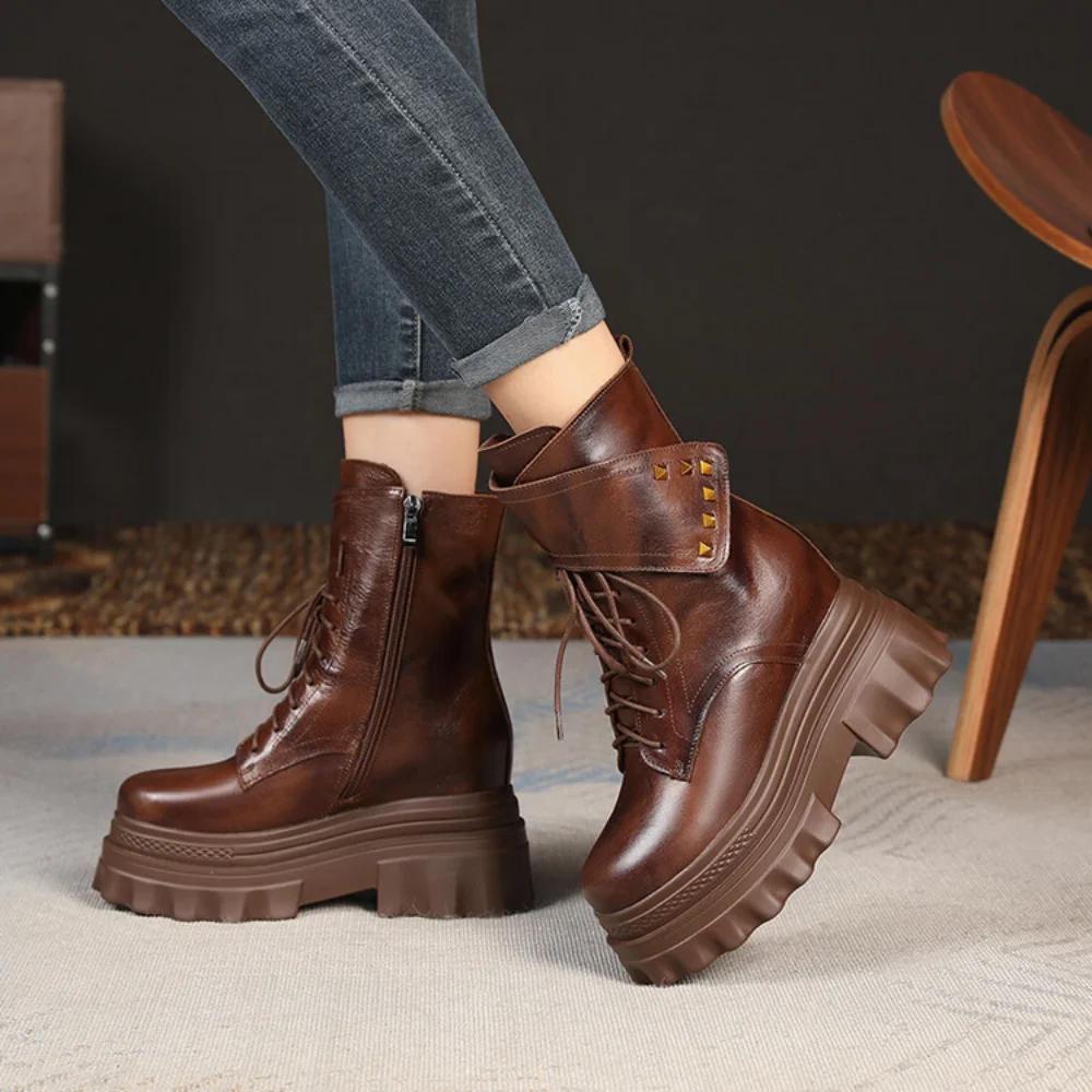Koturny z prawdziwej skóry koturny damskie gruba podeszwa buty za kostkę krótkie kozaczki na platformie moda nowoczesne buty na wysokim obcasie buty