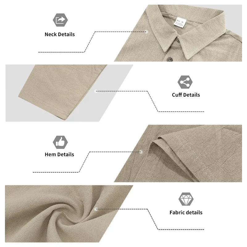 Leinen-Hemd mit Stehkragen und Knopfleiste, Herren Locker Sitzendes Atmungsaktives V-Ausschnitt Langarm-Polohemd – Detail 40
