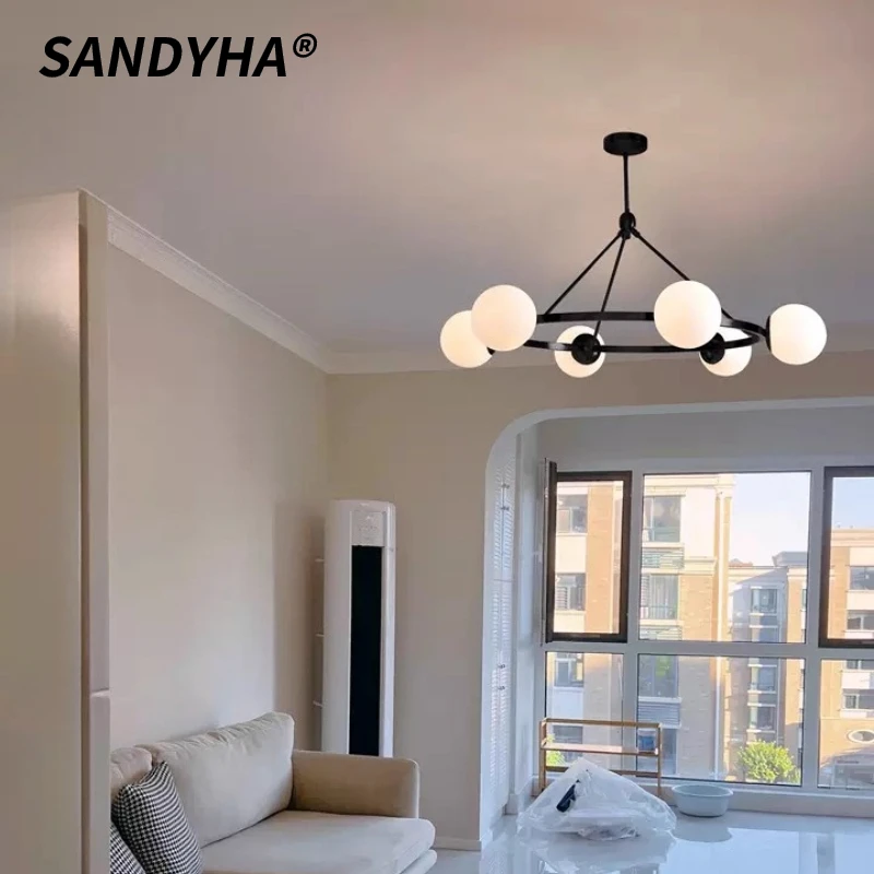 

SANDYHA элегантные подвесные светильники в скандинавском стиле, железная стеклянная потолочная люстра для роскошного светодиодного освещения, художественный декор для гостиной и ресторана