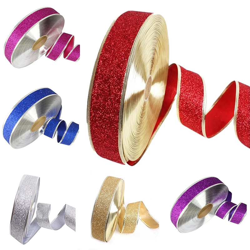 200cm*5cm Glitter Decorative Ribbons Red Silver Gold Ribbon With Iron Wire Christmas Decoration Ribbons For Crafts Bows