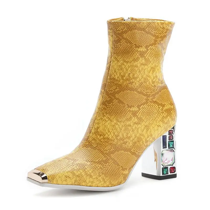 Fashion Colorful Rhinestone Studs Chunky Heels Square Metal Toe Ankle Boots Women Yellow Brown Python Leather Boots Woman