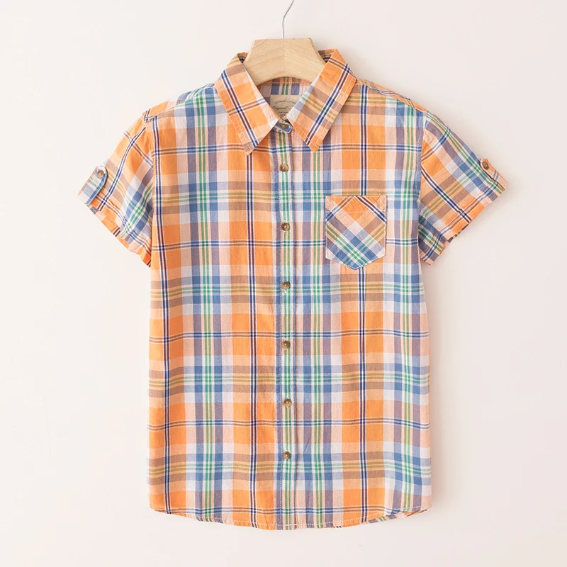 Csa hoada de aodón de talla ande para mujer, Top fino de manga corta a cuadros con protección solar, cuello  Reg...