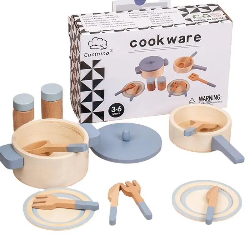 10 pçs criança cozinhar utensílios brinquedos conjunto panelas de cozinha e frigideiras fingir playset de madeira jogar panelas brinquedos conjunto para cozinha fingir brinquedos