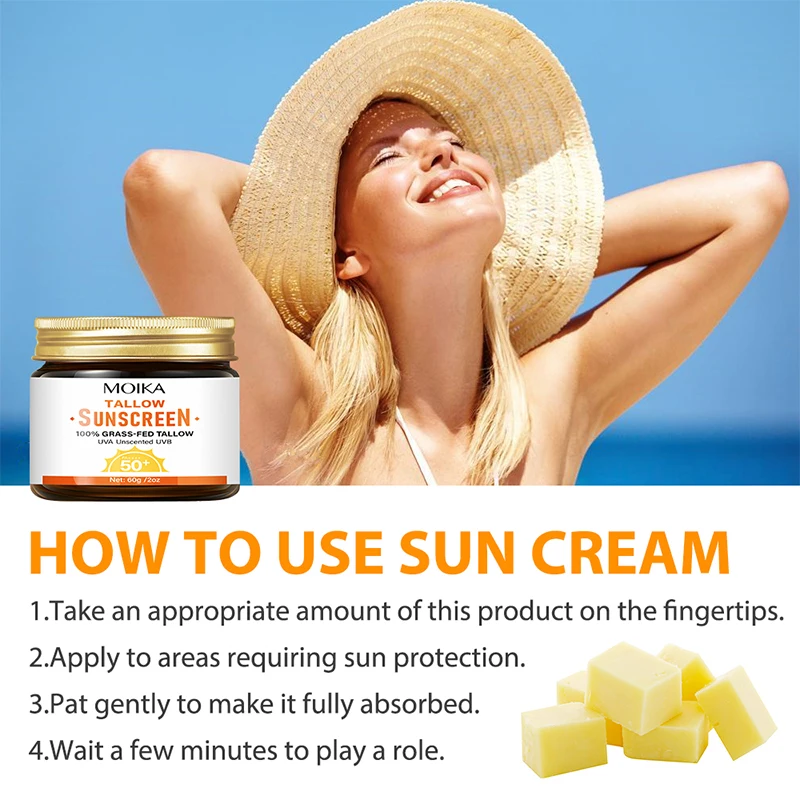 1Pc MOIKA SPF50+ Zinc Mineral Sunscreen Tallow Skin Whitening Cream Anti UV Facial Sun Block Mild Moisturizer Serum.