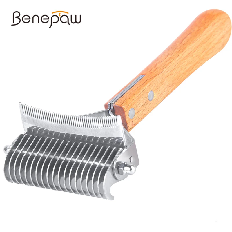 Benepaw 3-in-1 Deshedding Dog Rake Brush Professional Comfortable Handle Dematting Comb Removes Hair Tangle Rounded-end Blade