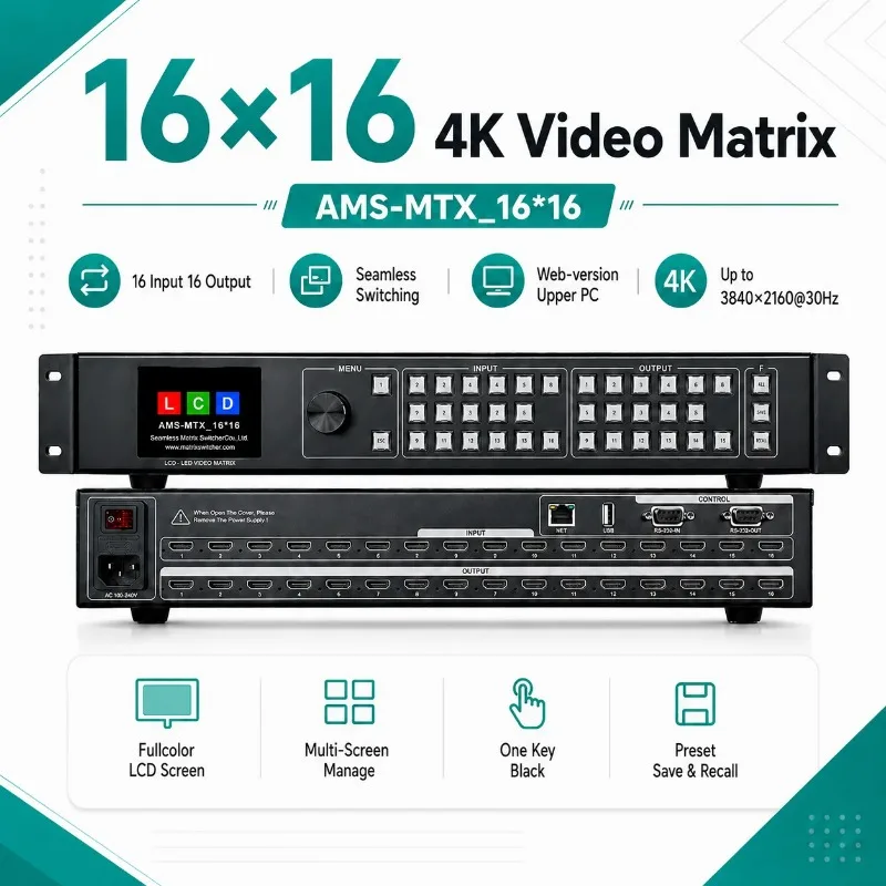 AMS-MTX_16x16 16 In 16 Out HD Matrix 3840x2160 HDCP MeanWell PSU Preset Save Test Pattern Command Center
