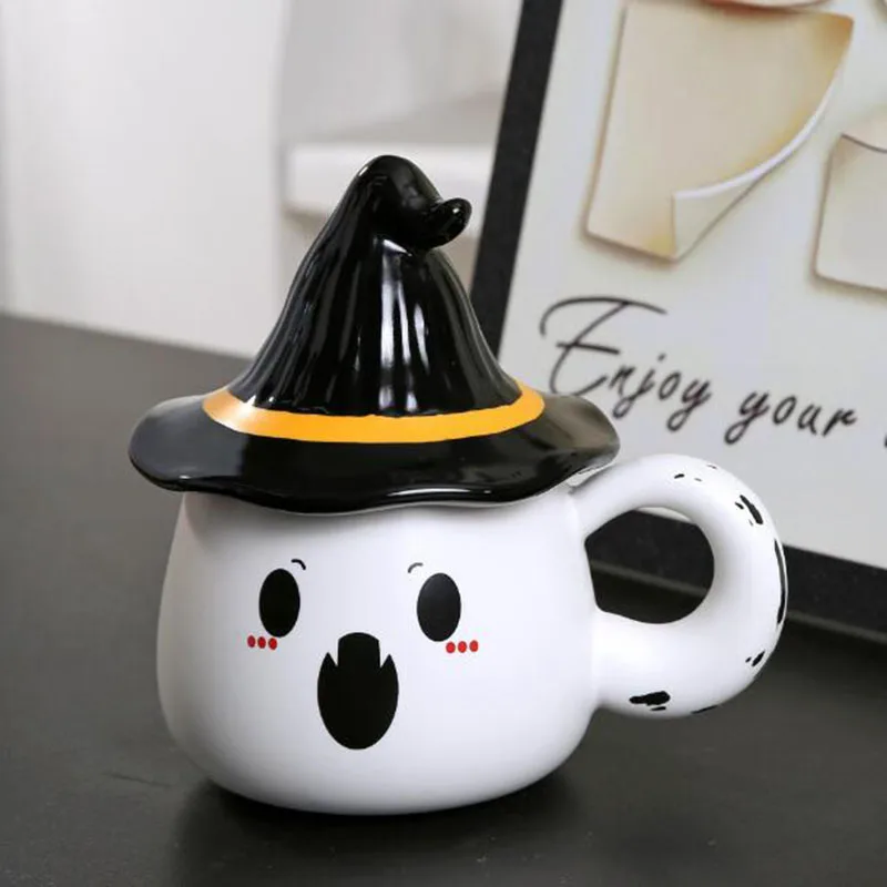 Halloween Festival Creative Ceramic Cup Ghost Milk offee Mug with Lid Breakfast Handgrip Cup Kitchen Drinkware