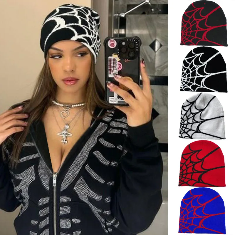 

Winter Warm Knitted Hats For Women Men Beanies Spider Web Print Female Beanie Caps Y2K Girls Woolen Bonnet Unisex Hip Hop Cap