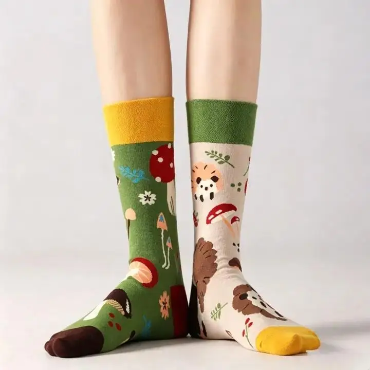 Mismatched Asymmetrical Unisex Couple Cotton Mid-Calf AB Socks Cute Vibrant Funny Print Soft Daily Streetwear Casual Gift Socks