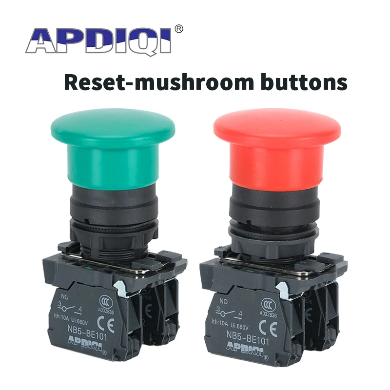 1PCS APDIQI XB5 AC31 AC41 Self-resetting Mushroom Plastic Start Stop Round Push Button Switch Red Green Momentary NO NC 22mm ZB5