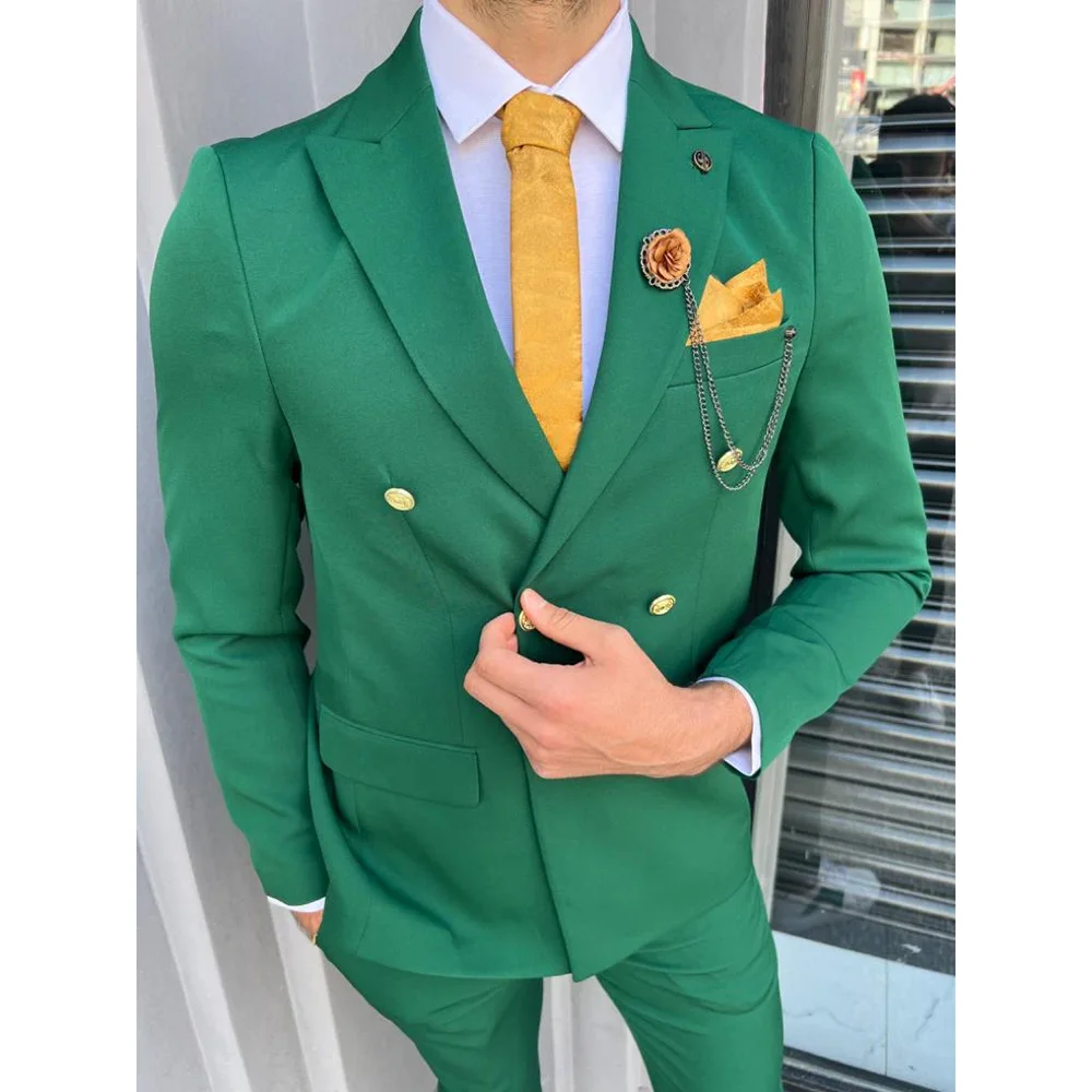 

Summer Green Men Suits Two Piece Chic Peak Lapel Double Breasted Wear Fashion Business Casual Office Suit Slim (Blazer+Pants)