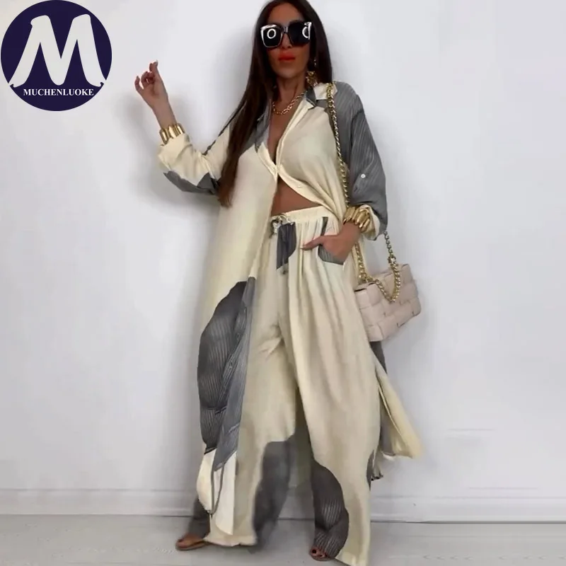 

Комплект из 2 предметов для женщин, новинка лета 2025 года, элегантный топ с длинными рукавами и принтом средней длины, модные повседневные свободные комплекты брюк