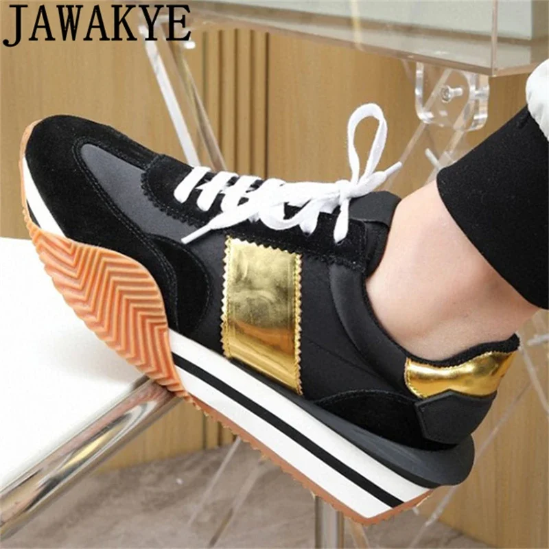 2024 Spring Thick Sole Lace Up Sneakers For Women & Men Suede Leather Patchwork Flat Platform Shoes Casual Walking Couple Shoes