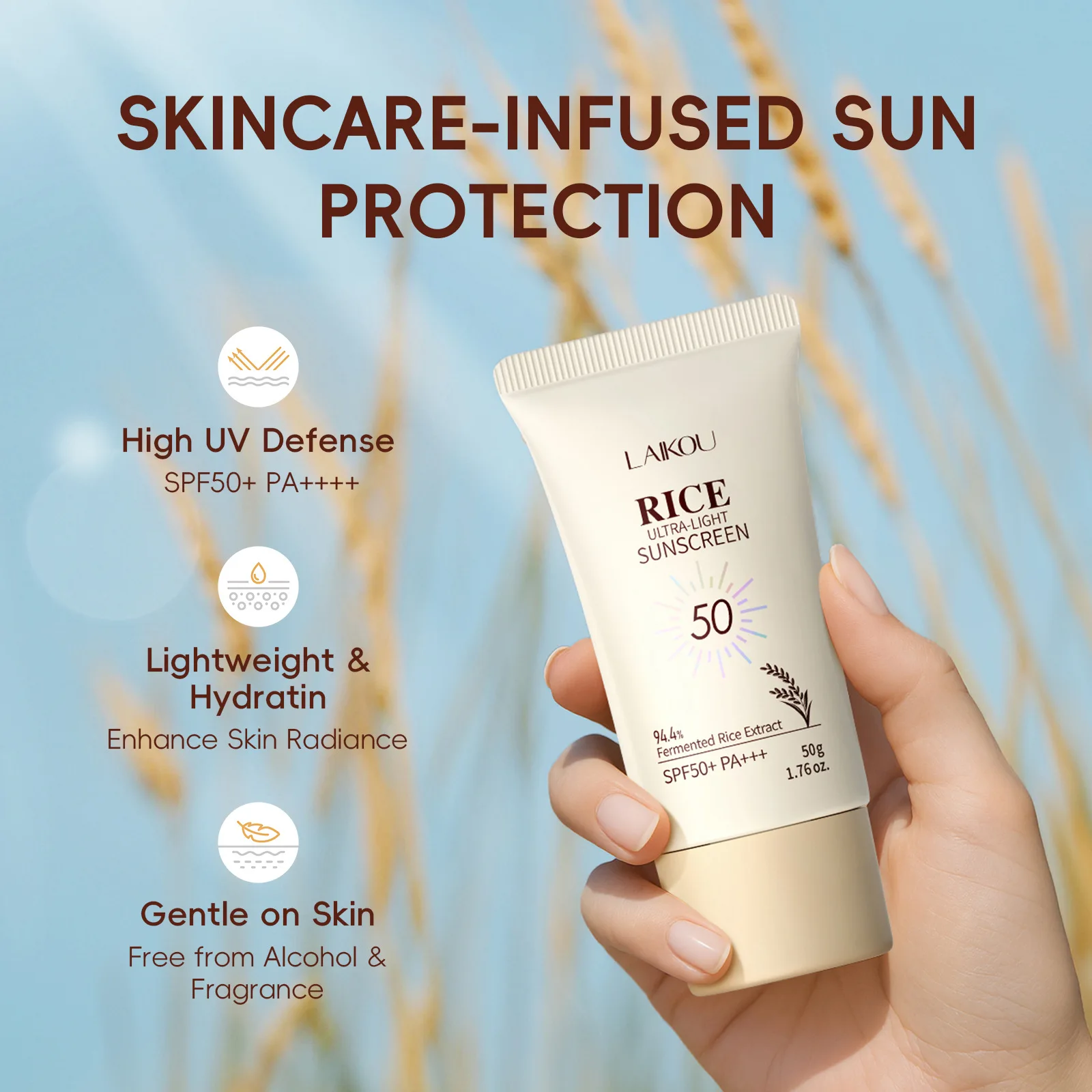 

LAIKOU 50ml Rice Sunscreen SPF50, Waterproof Sun Block Lotion for Face, UV Protection Hydrating Cream for Beach Travel