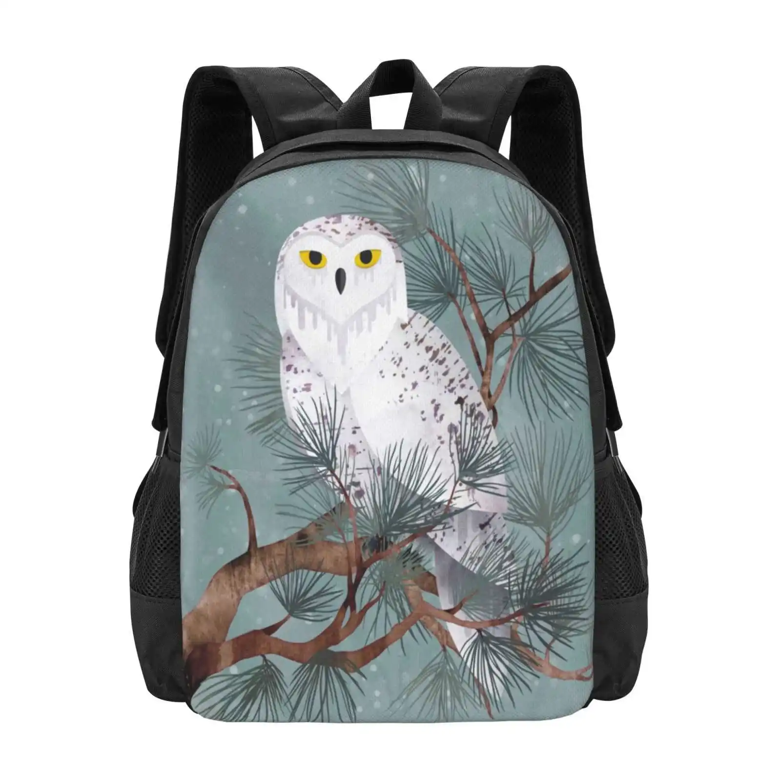 Snowy Fashion Pattern Design Travel Laptop School Backpack Bag Snowy Owl Ice Winter Pine Needles Tree Season Christmas Holiday