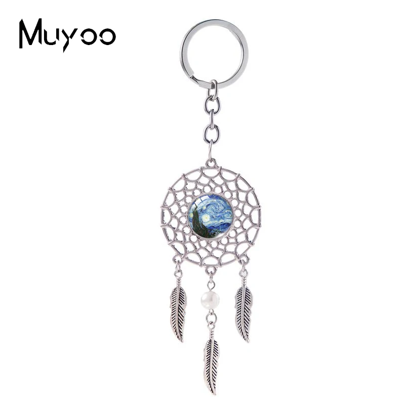 2023 New Arrival Fashion Van Gogh Starry Night Scenery Glass Dome Dream Catcher Keychain Handcraft Bag Holder Keyrings