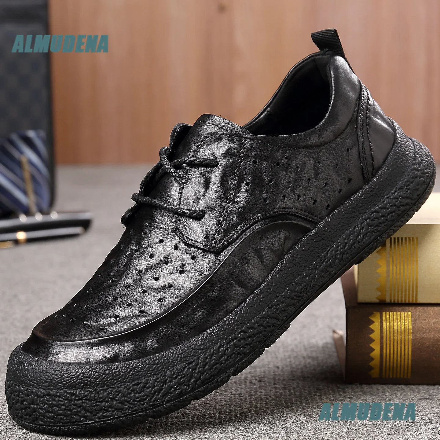 Men Lace-Up Perforated Leather Casual Shoes Hollow Out Leather Breathable Thick Soft Sole Casual Shoes Summer Walking Shoes