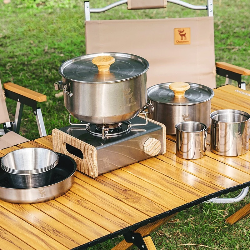 Camping Cookware Outdoor Set Pot Water Cup Frying Pan Soup Pot Camping Portable 304 Stainless Steel Tableware
