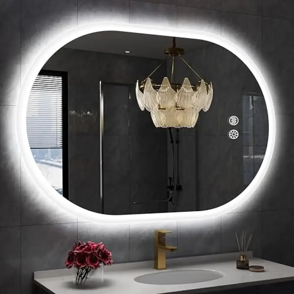 Oval LED Bathroom Mirror Anti-Fog Front Backlight Touch Control 3 Colors Temperature & Dimmable Light IP54 Safe Installation