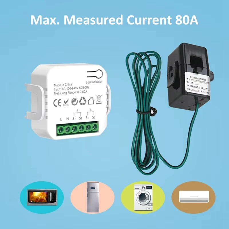 Tuya WiFi Smart Meter Digital Energy Meter 80A Current Transformer Solar PV Power Production Consumption Monitor 1CT-ABVK