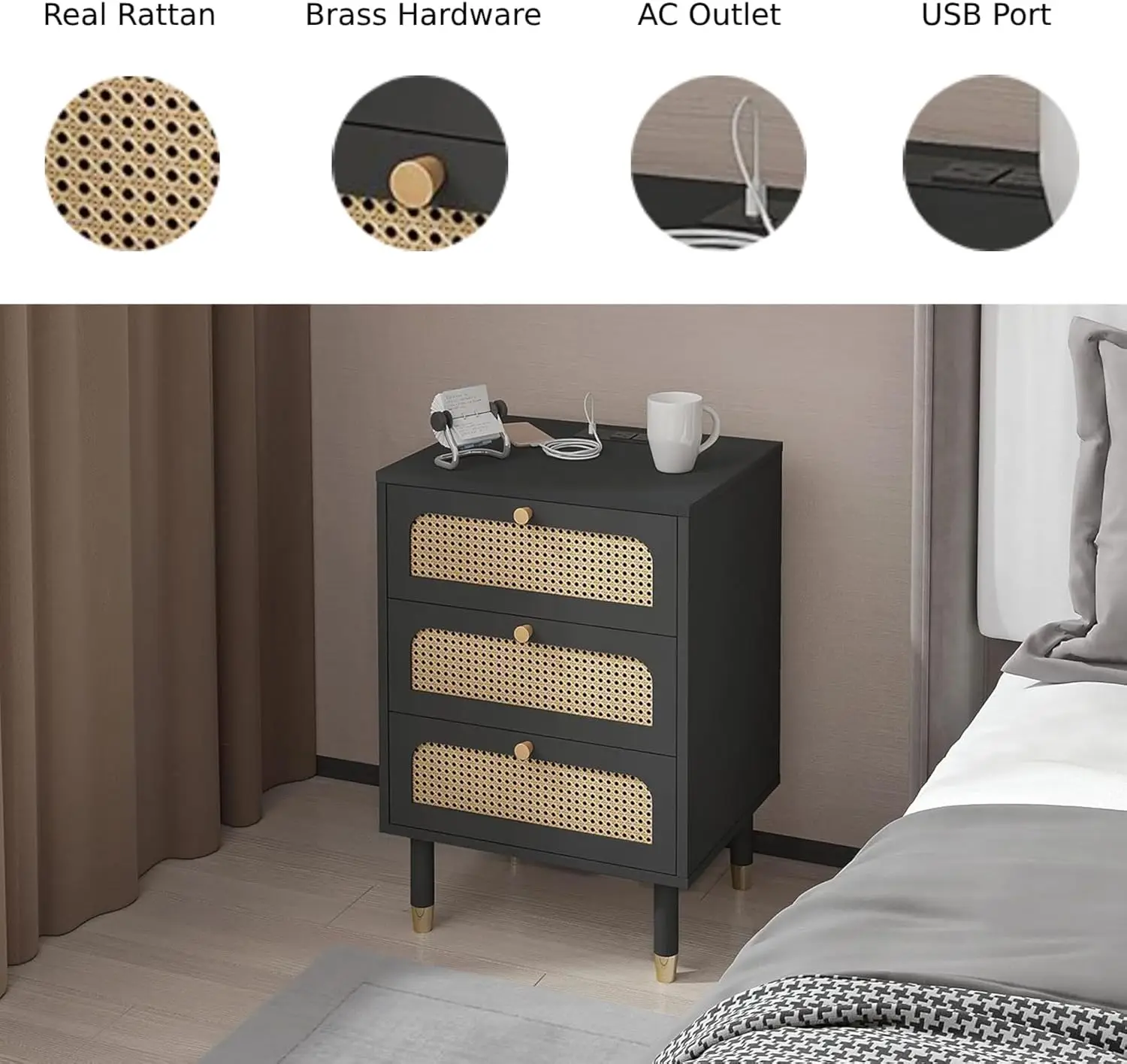 27' Black Rattan Nightstand Set of 2 with Charging Station, 3 Drawers, Boho Modern Bedside Tables (2 Pack)