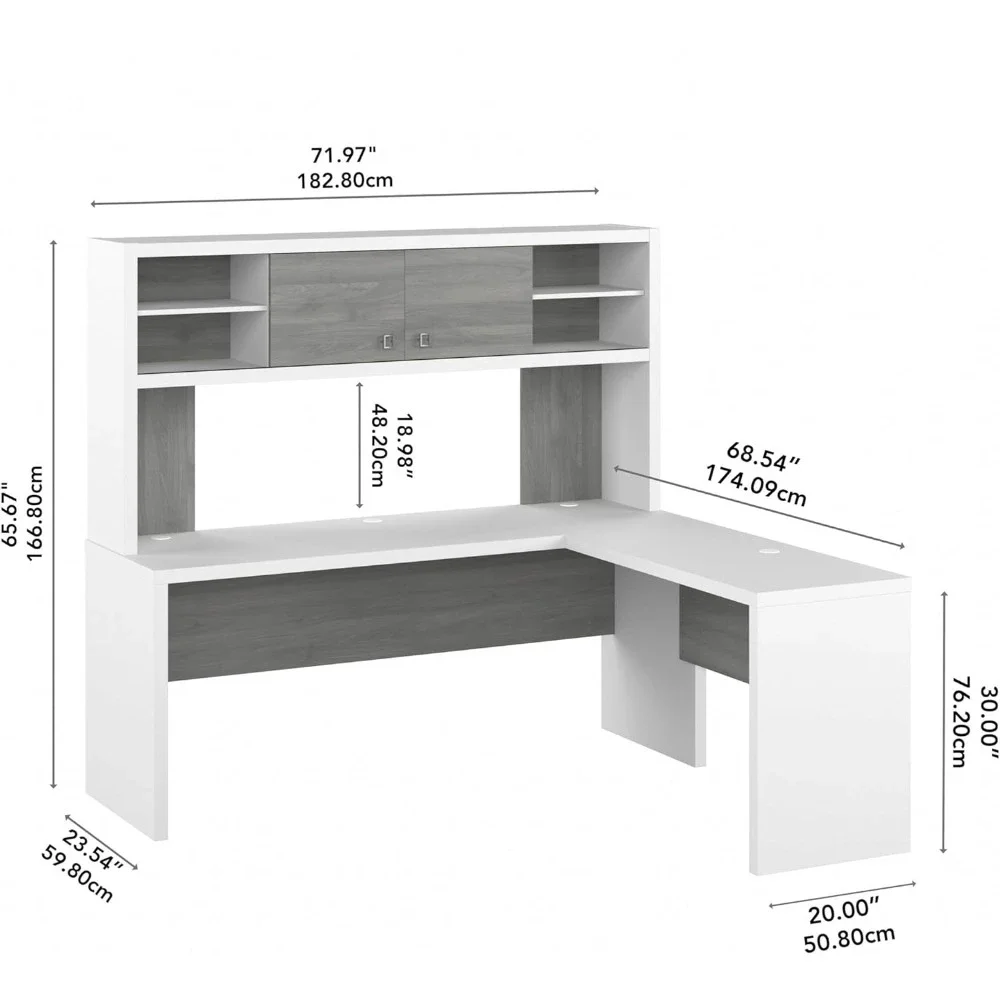 L Shaped Computer Desk with Hutch|72W(Color:  Pure White and Shiplap Gray)