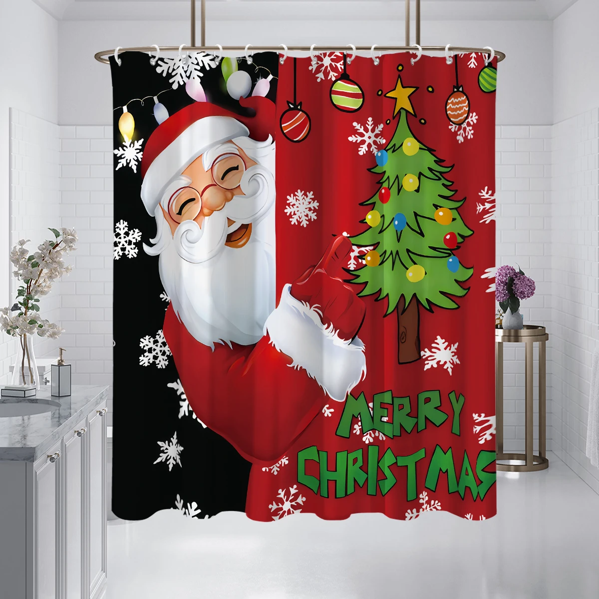 1pc Santa Claus Holiday Print Waterproof Shower Curtain Bathtub Partition Curtain with 12 Hooks Privacy Protection Easy Install