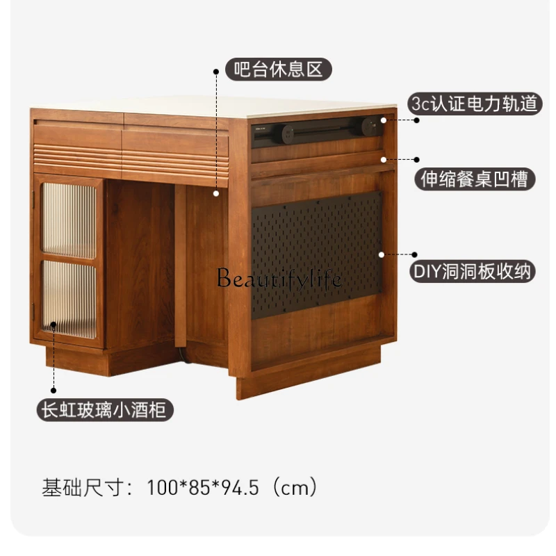 Solid Wood Stone Plate Kitchen Island Simple Open Kitchen Bar Counter Small Apartment Sideboard Cabinet