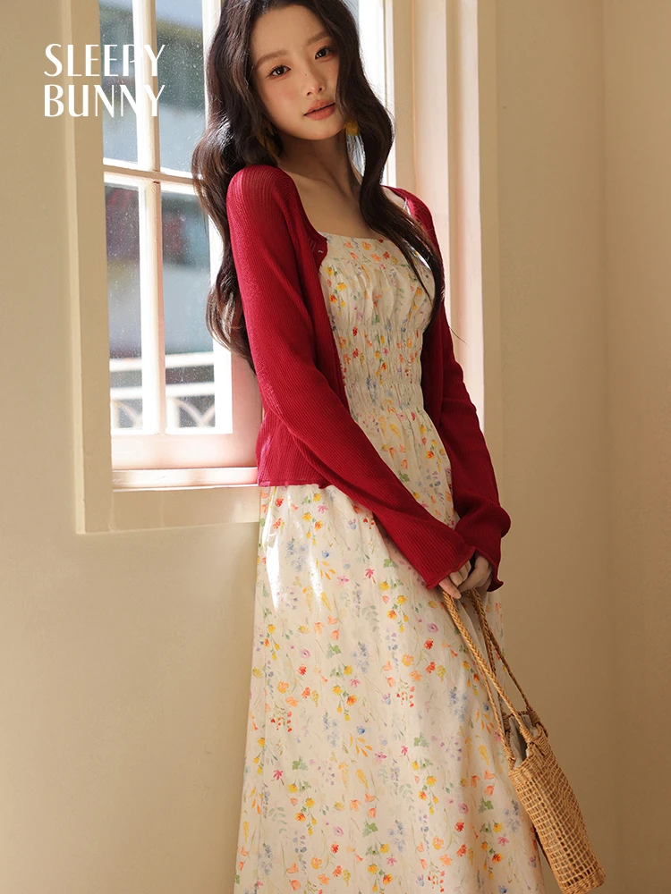 Vestido cami floral aquarela com cardigã combinando feminino verão conjunto de 2 peças sem mangas linha a vestido midi estilo francês