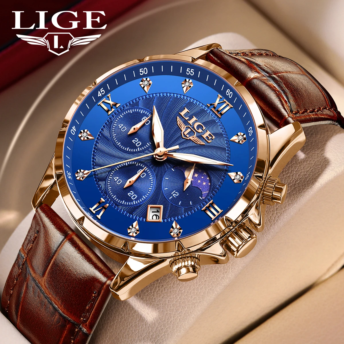 LIGE Fashion Luxury Man Watch Casual Sports Leather Moon Phase Waterproof Luminous Quartz Watches for Men Diamond Business Clock