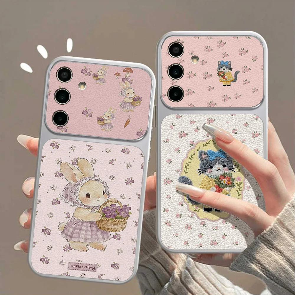 Cute Rabbit Leather Phone Case For Samsung A37 A57 A27 A17 A07 A56 A36 A26 A16 A06 S25 S26 Ultra With Lanyard Large Window Cover