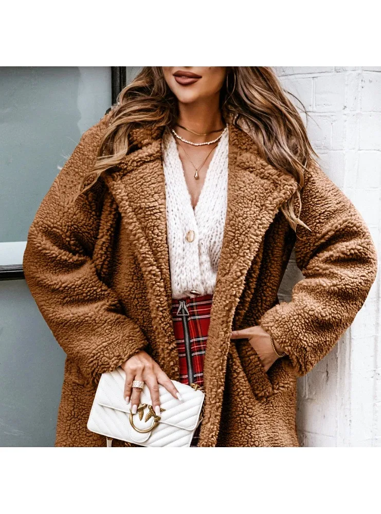 2024 herbst und Winter Neue frauen Woolen Lange ärmeln Jacke Langen Abschnitt Revers Plüsch Top Weibliche – Detail 7