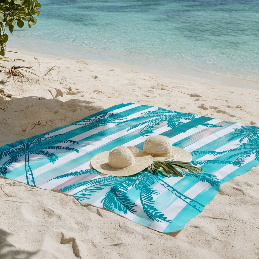 1PC Outdoor Beach Blanket, Green Coconut Tree Stripe Print, Portable Printed Beach Mat, Easy to Clean, 100% Polyester Fabric