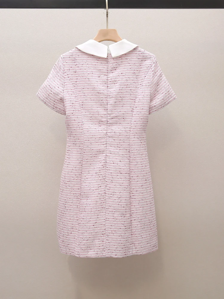 High End Women's Spring New Item  A Sweet Pink Doll Neck Textured Striped Short Sleeved Dress Made of Gold