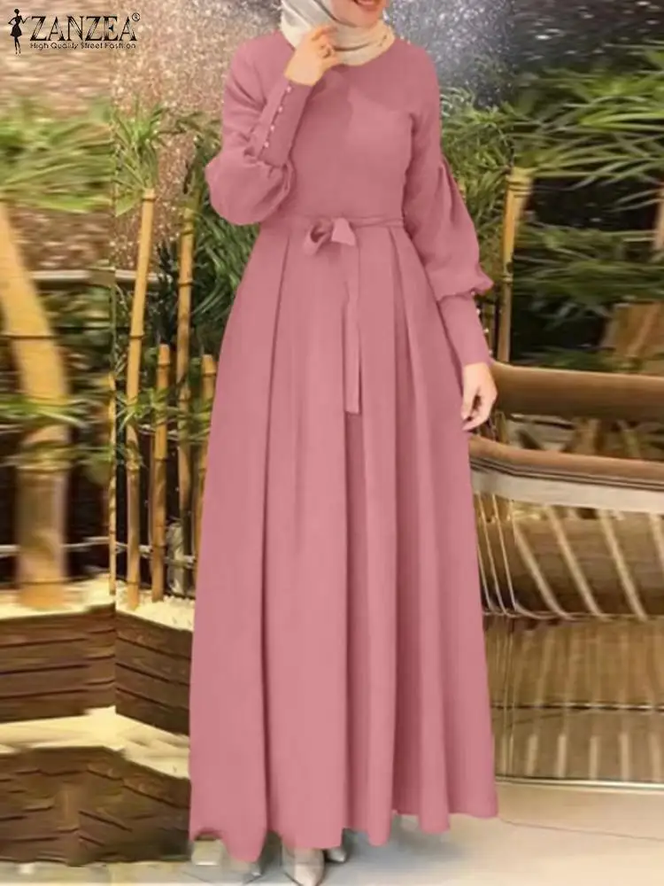 ZANZEA Women Autumn Sundress Muslim Hijab Dresses Turkey Abaya Dubai Robe Femme Elegant Long Sleeve Party Maxi Vestidos Kaftan