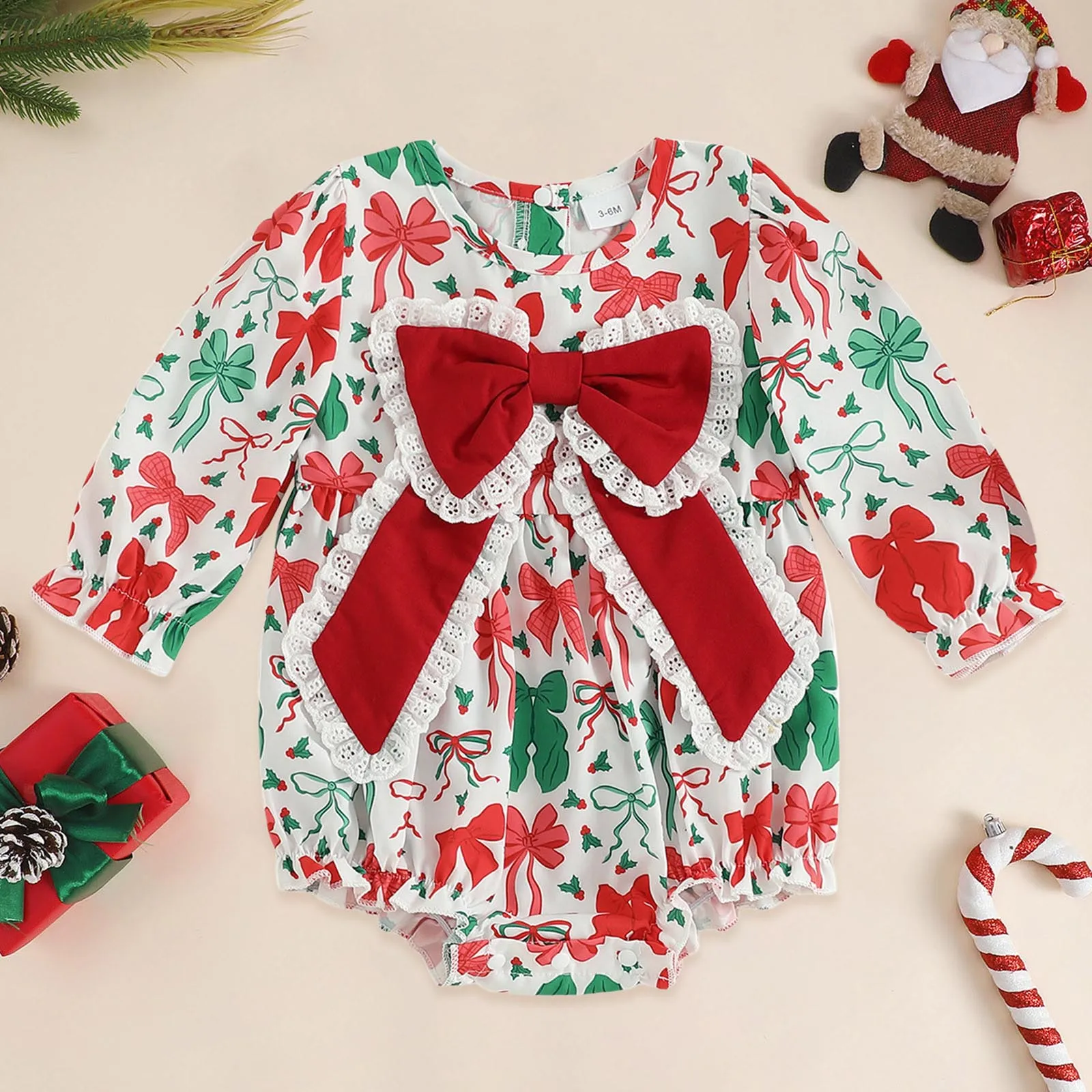 

Body Suits for Baby Boy Baby Girl Christmas Outfit Ruffled Bubble Romper Long Sleeves With Bow Adorable 18 Months Girl Top